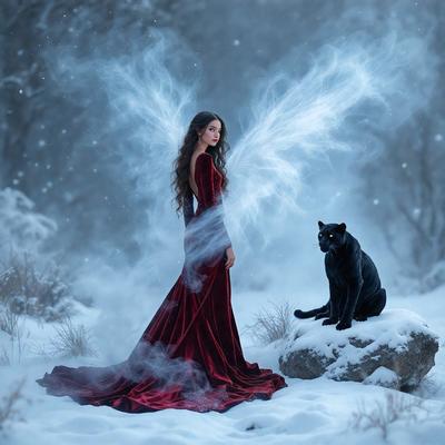 The primary subject of the image is a woman dressed in a red gown, standing in the snow. She appears to be a fairy or an angel, with a flowing dress and wings. The setting is a snowy landscape, with a black cat nearby. The visual style of the image is a combination of photo and digital art, creating a surreal and magical atmosphere. The colors in the image are predominantly white and red, with the snow and the woman's gown adding a touch of warmth to the